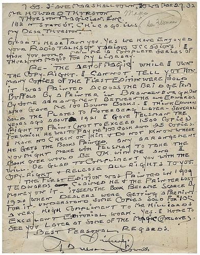 Downs, T. Nelson. Autograph Letter Signed to Howard Thurston Regarding “The Art of Magic.”