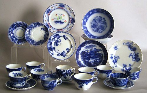Group of flow blue to include cups and saucers, bo