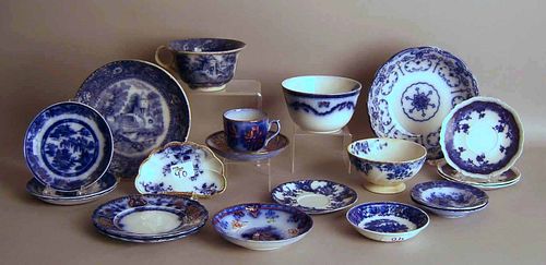 Group of flow blue to include waste bowls, cups an