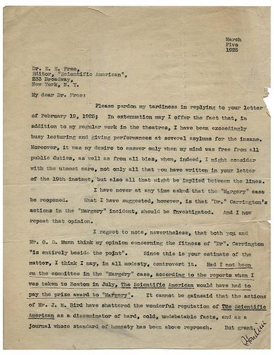 Scathing Letter from Houdini to E.E. Free, Editor of Scientific American, Regarding the Margery Case.