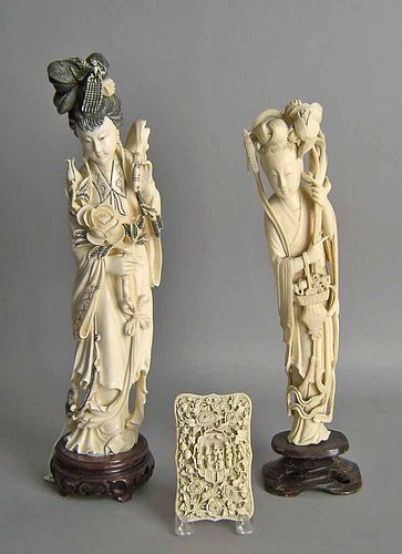 Two Chinese carved ivory figures, 13 1/2" h., 15".