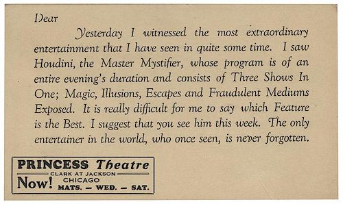 Houdini “Master Mystifier” Laudatory Postcard.