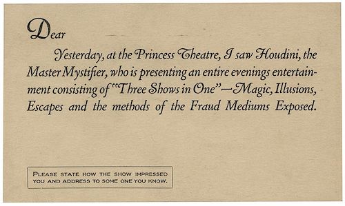 Houdini “Master Mystifier Laudatory Postcard.