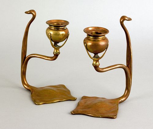 Pair of Tiffany Studios bronze cobra candlesticks,