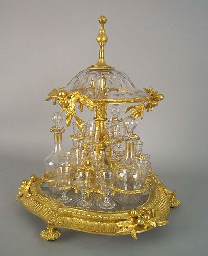 French gilt bronze and glass cased cordial set wit