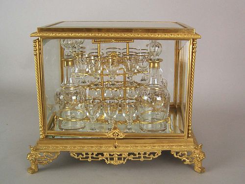 French gilt bronze glass cased cordial set, late 1