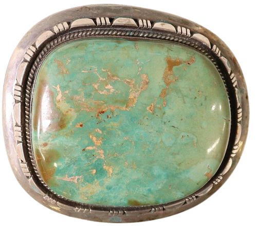 LARGE NATIVE AMERICAN SILVER TURQUOISE BELT BUCKLE