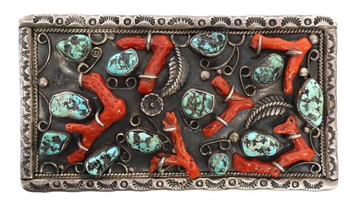 NATIVE AMERICAN BRANCH CORAL & SILVER BELT BUCKLE