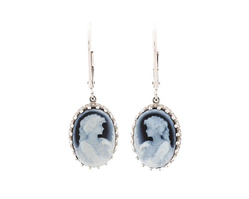 Pair of White Gold & Cameo Dangle Earrings