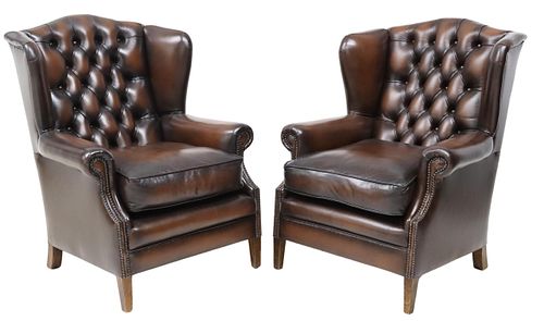 (2) ENGLISH TUFTED BROWN LEATHER WING ARMCHAIRS
