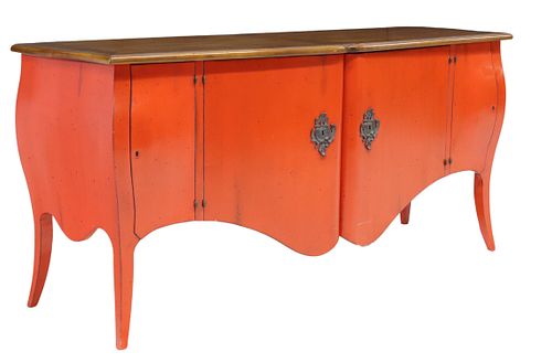 LARGE LOUIS XV STYLE FRUITWOOD RED PAINTED CABINET
