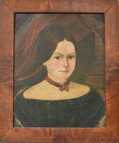 American School, 19th Century       Portrait of a Young Woman with a Red Ribbon.