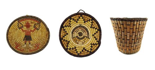 NO RESERVE Group of 3 Hopi Polychrome Baskets: 2 Coil Plaques c. 1960s and 1 Peach Basket c. 1920-30s (SK90642A-1023-002)