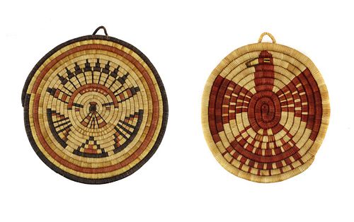 NO RESERVE Pair of Hopi Coil Polychrome Pictorial Plaques c. 1960s (SK90642A-1023-003)