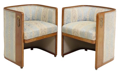 2) FRENCH ART DECO UPHOLSTERED MAHOGANY TUB CHAIRS