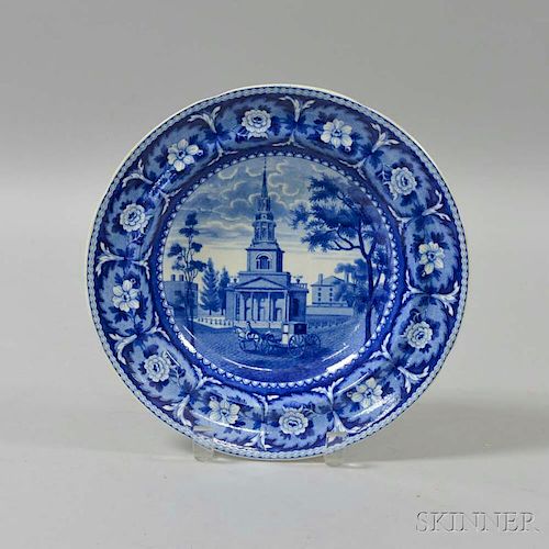 Staffordshire Historical Blue Transfer-decorated Octagon Church, Boston, Soup Plate