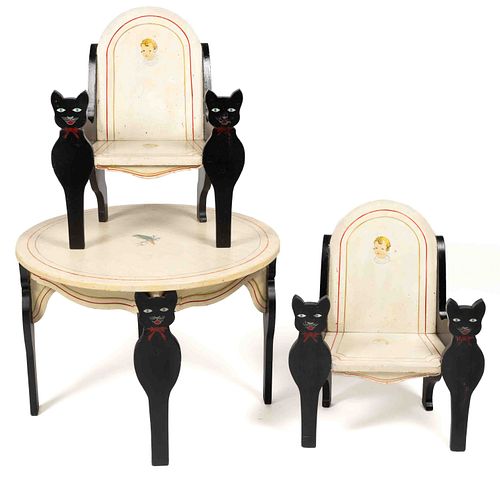 AMERICAN FOLK ART BLACK CAT CHILD'S TABLE AND TWO CHAIRS