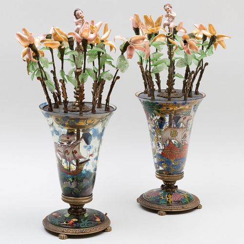 Pair of Spanish Enameled Glass Vases Fitted as Lamps 