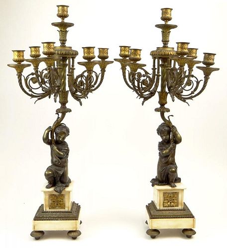 Pair of Antique French Bronze and Marble Figural Six Light Candelabra