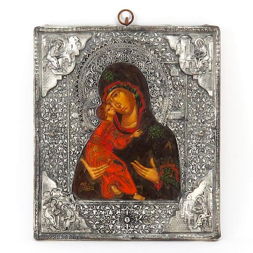 19th Century Russian Hand painted Wood Icon With Intricate Silver Plate Overlay Cover