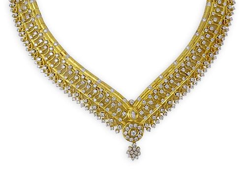 15.40 Carat Round Brilliant Cut Diamond and Heavy 18 Karat Yellow Gold Bib Necklace.