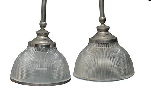 Set of Six Contemporary Industrial Style Chrome and Glass Ceiling Lights