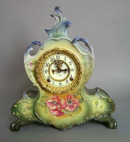 Ansonia porcelain mantle clock with Royal Bonn "La
