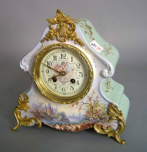 French porcelain mantle clock with ormolu mounts,e