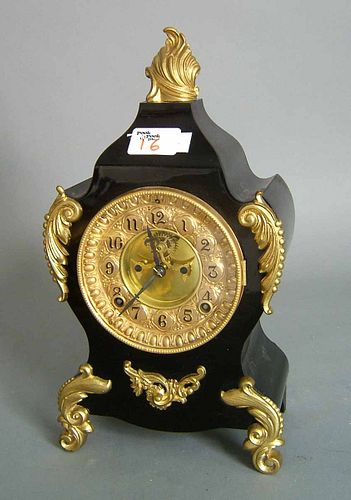 Ansonia 8-day ebonized shelf clock with brass moun