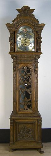 Tiffany & Co. carved oak tall case clock with heav