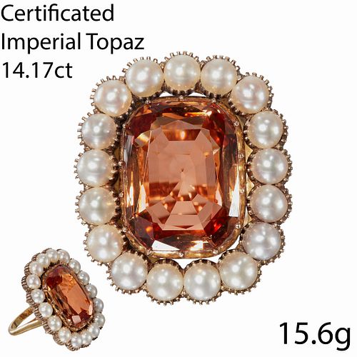 FINE ANTIQUE IMPERIAL TOPAZ AND PEARL RING