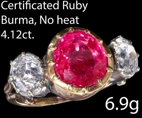 MAGNIFICENT AND IMPORTANT ANTIQUE CERTIFICATED  4.12 CT. BURMA 'MOGOK' NO HEAT AND DIAMOND 3-STONE RING