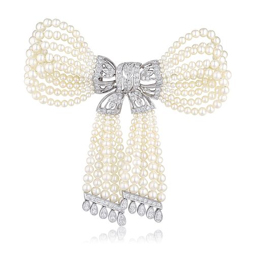 Pearl and Diamond Bow Brooch