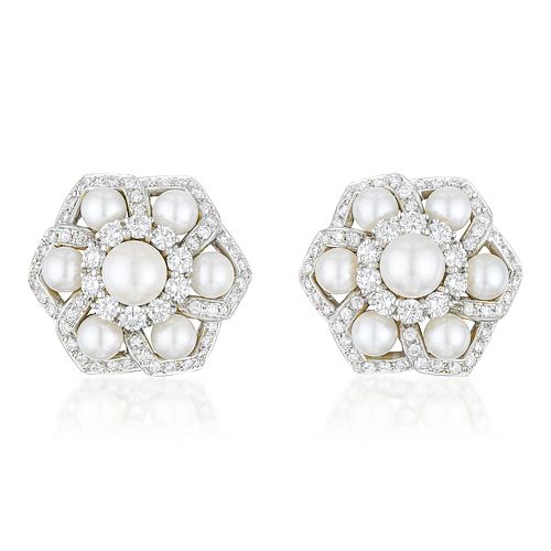 Pearl and Diamond Flower Earclips