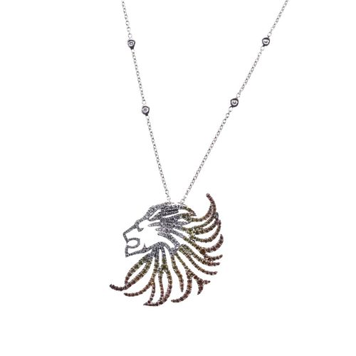 Bucherer 18k Gold Sapphire Diamond Lion Head Pendant Necklace