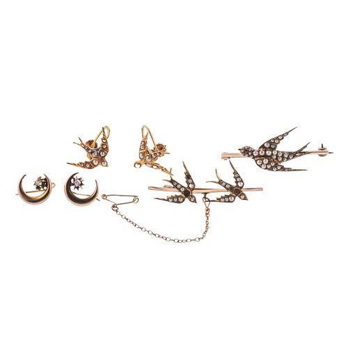 Antique 14k Gold Pearl Diamond Swallow Bird Earrings Brooch Lot 