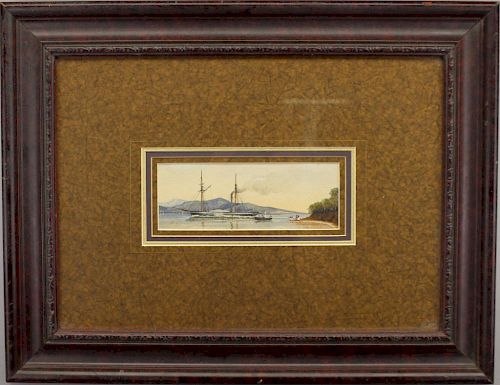 Small Antique Watercolor of Steamsail Sidewheeler