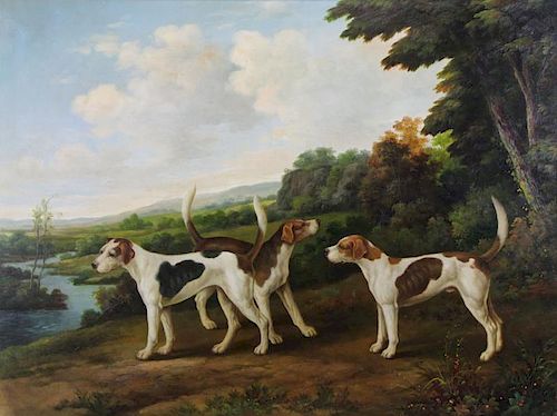 20th Century Oil on Canvas of Hunting Dogs in