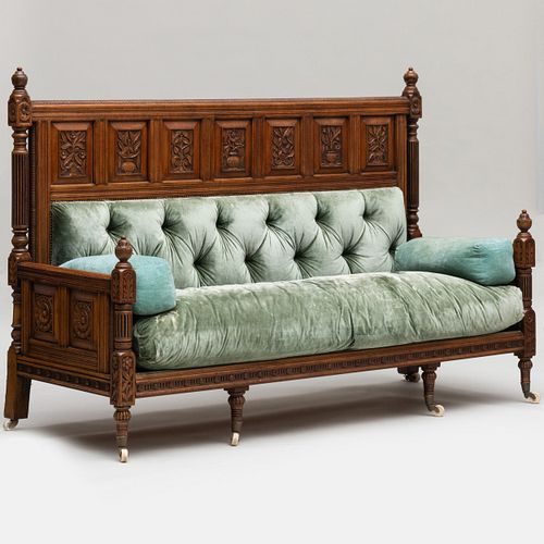 Aesthetic Movement Carved Oak and Tufted Upholstered Sofa, Attributed to Bruce J. Talbert