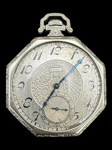 Elgin 14K White Gold Deco Pocket Watch