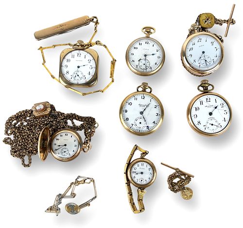 (7) Group of Gold Tone Pocket Watches & (2) Fobs