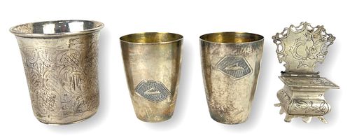 Antique Russian Silver Salt Throne & (3) Cups