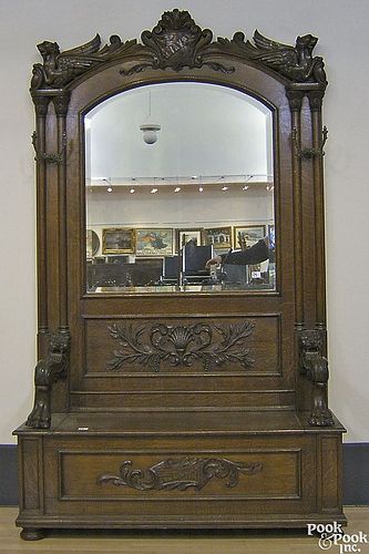 Victorian oak hall seat, late 19th c., 90" h., 51/