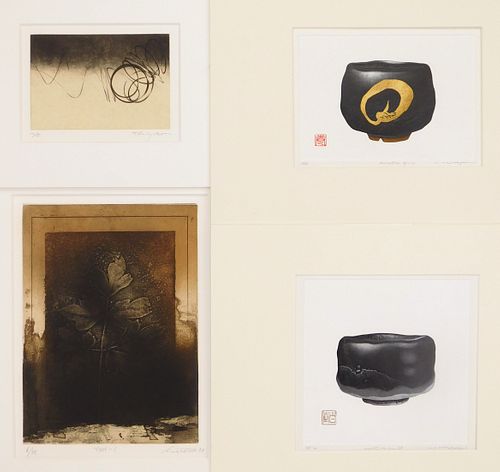 2 Haku Maki woodblocks and 2 contemporary Japanese etchings