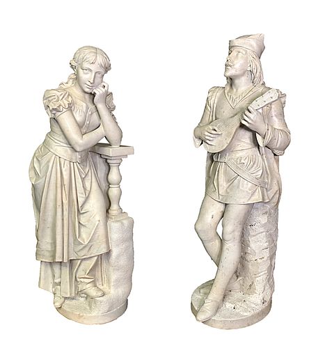 ITALIAN  LIFE-SIZE CARRERA MARBLE SCULPTURES OF LOVERS 'ROMEO AND JULIET', CIRCA 1890