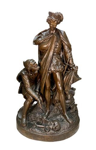 A PALATIAL FRENCH PATINATED BRONZE SHAKESPEAREAN MOTIF SCULPTURE CAST BY VICTOR THEIRBAUT, 19TH CENTURY