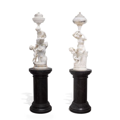 FRENCH CARVED ALABASTER FIGURAL LAMPS ON PEDESTALS, EARLY 20TH CENTURY