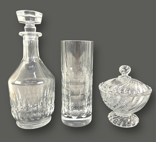 (3) Baccarat Crystal Decanter, Vase, & Lidded Bowl