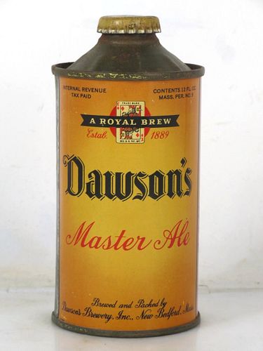 1938 Dawson's Master Ale 12oz 158-26 Low Profile Cone Top Massachusetts New Bedford