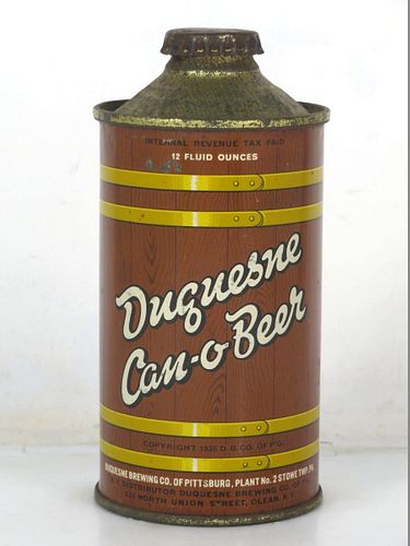 1937 Duquesne Can-O-Beer 12oz 159-25 Low Profile Cone Top Pennsylvania McKees Rocks JD